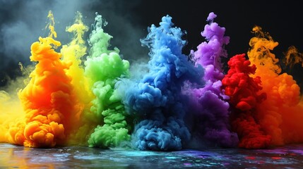  a group of colorful smokes floating in the air on top of a body of water in front of a black background.