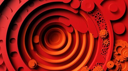  a close up of a red and orange background with circles and flowers on the bottom of the image and on the bottom of the image.