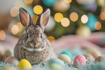  a rabbit sitting in front of a christmas tree with colored eggs around it and a blurry christmas tree in the background.