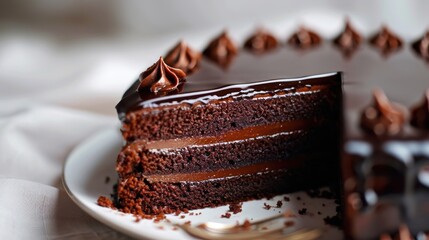  a slice of chocolate cake with chocolate frosting on a white plate with a fork on a white tablecloth.