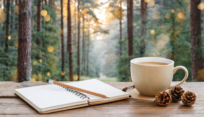 Cup of coffee, opened notebook and pencil on wooden table against forest background