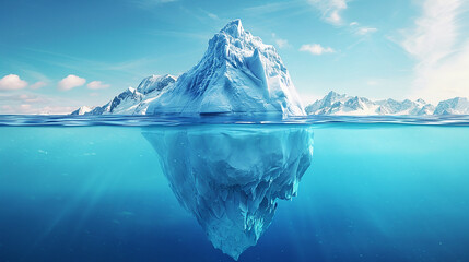 Iceberg in clear blue water and hidden danger under water. Iceberg - Hidden Danger And Global Warming Concept. Floating ice in ocean. Copyspace for text and design. Made with generative ai
