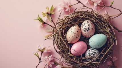  a bird's nest filled with eggs sitting on top of a pink flower covered ground next to pink flowers.