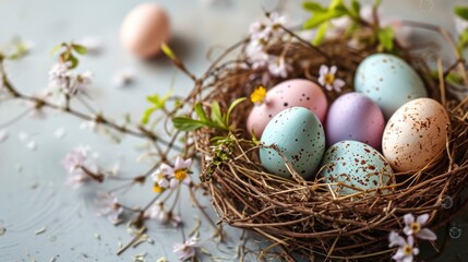  a bird's nest filled with eggs sitting on top of a table next to a branch of a flower.