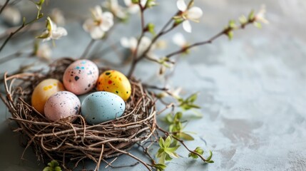  a nest filled with eggs sitting on top of a table next to a twig filled with leaves and flowers.