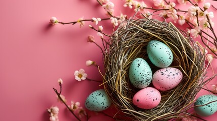  a bird's nest filled with eggs sitting on top of a pink surface next to a twig branch.