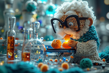 An illustration of a knitted scientist, with a lab coat and a set of miniature lab equipment. - obrazy, fototapety, plakaty