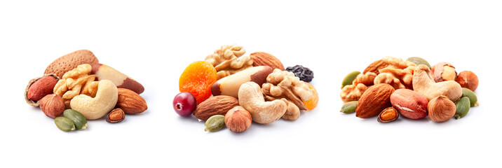 Dried nuts and fruits on white backgrounds