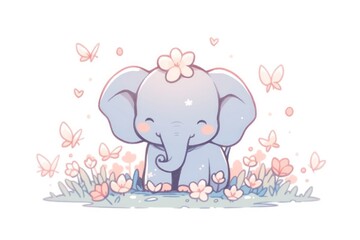 an elephant with a flower on it's head sitting in a field of flowers with butterflies in the background.