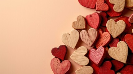  a group of wooden hearts sitting next to each other on a pink surface with a light pink wall in the background.