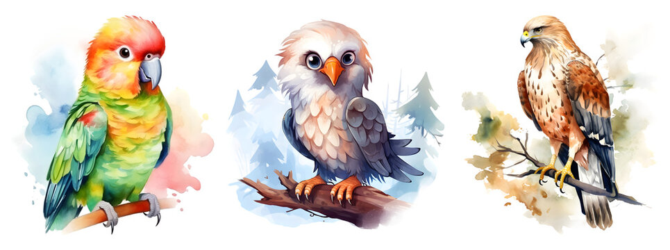 Watercolor Cute Animals, Owl, Parrot, Eagle
