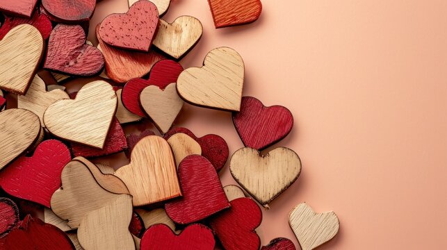  a pile of wooden hearts sitting on top of a pink table next to a red and pink wall with a pink background.