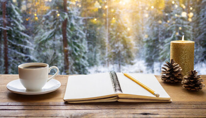 Cup of coffee, opened notebook and pencil on wooden table against forest background