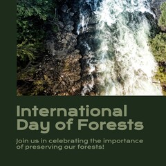 Composite of international day of forests text over water falling from rock formations