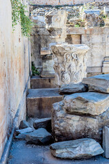 Ruins at archeological site of Hadrian’s Library in Athens, Greece.