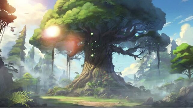 The atmosphere of a large mystical tree in the middle of a beautiful and mysterious forest. Smooth and repeatable animations