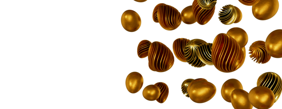 golden and silver eggs isolated on white background with shadow. Easter eggs