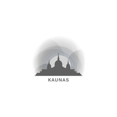 Kaunas cityscape skyline city panorama vector flat logo, modern icon. Lithuania emblem idea with landmarks and building silhouettes, isolated clipart at sunset, sunrise, night