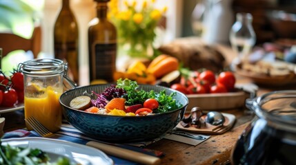  a table topped with a bowl of salad next to a bottle of orange juice and a glass of orange juice.