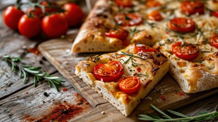  a close up of a sliced pizza on a cutting board with tomatoes and herbs on the side of the pizza.