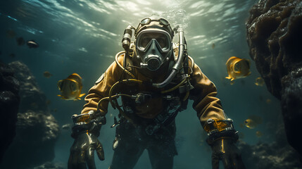 Man in diving suit stands on tank underwater - obrazy, fototapety, plakaty