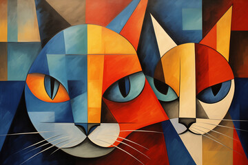 Cat on a background with playful geometry, in the style of precision painting, playful abstraction, spray painted realism, dotted, detailed painting, caninecore, lowbrow art, Generative Ai - obrazy, fototapety, plakaty