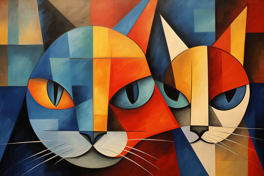 Fototapeta Cat on a background with playful geometry, in the style of precision painting, playful abstraction, spray painted realism, dotted, detailed painting, caninecore, lowbrow art, Generative Ai