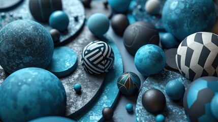  a close up of a bunch of balls on a table with blue and black balls in the middle of it.