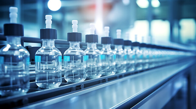 Medical vials on production line at pharmaceutical factory, Pharmaceutical machine working pharmaceutical glass bottles production line,,