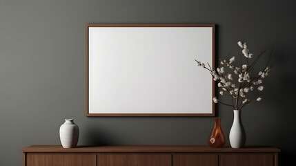 Mockup frame on cabinet in living room interior on empty dark wall background.,
