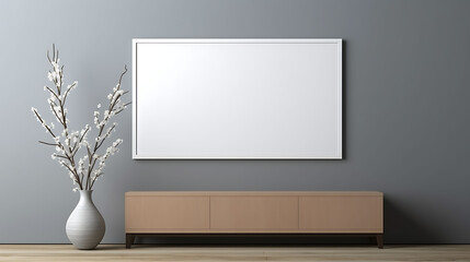 Mockup frame on cabinet in living room interior on empty dark wall background.,