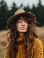 Stylish young woman in a warm yellow sweater and hat, exuding natural beauty and autumn comfort.