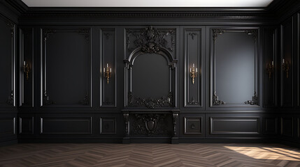 Modern classic black color empty interior with wall panels, mouldings and wooden floor