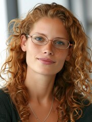 Obraz premium Confident woman with curly red hair and glasses, offering a warm, approachable smile in a softly lit indoor setting.
