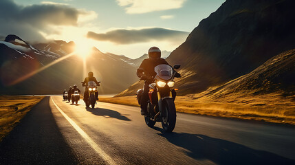 Motorcyclist riding on the road. Group of motorcycle riders riding toghether. Adventure and travel concept.,