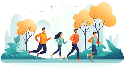 Multinational people running together along the walk path in the park. Marathon people or fitness runners during outdoor workout