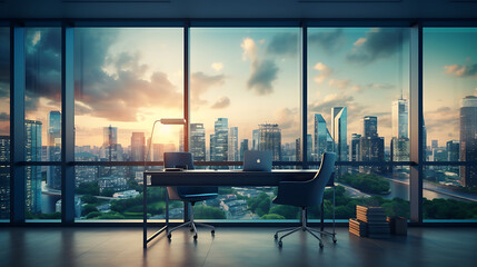 Office interior with window and city view.