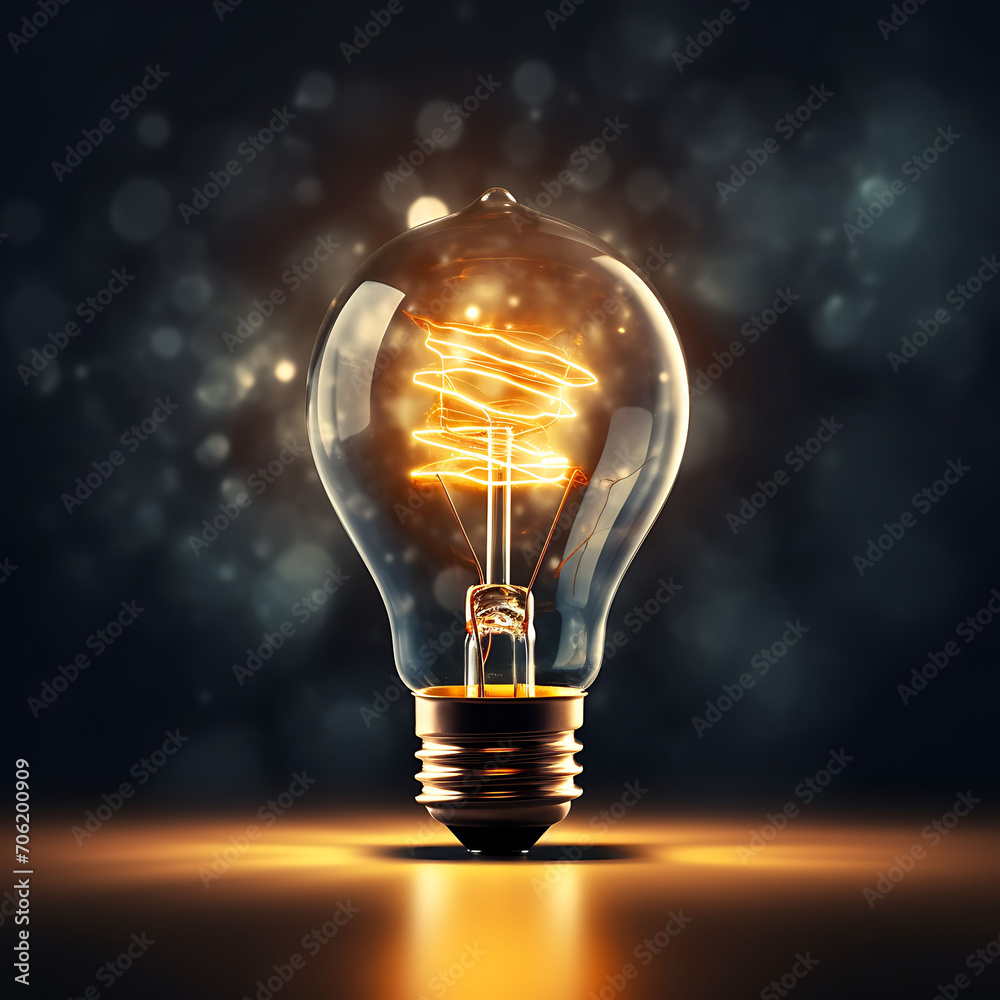 Wall mural one of lightbulb glowing among shutdown light bulb in dark area with copy space for creative thinkin