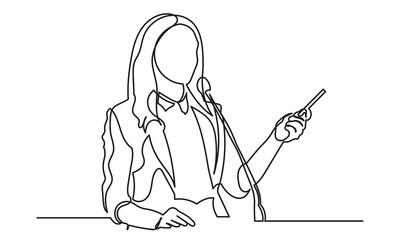 Continuous line drawing of a businesswoman speaking in front of a microphone. Concept of speech, presentation, speaker, conference, and giving instruction.single line drawing art vector illustration. - obrazy, fototapety, plakaty