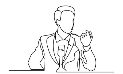 Continuous line drawing of a businessman speaking in front of a microphone. Concept of speech, presentation, speaker, conference, and giving instruction.single line drawing art vector illustration.
