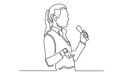 Continuous line drawing of a businesswoman speaking in front of a microphone. Concept of speech, presentation, speaker, conference, and giving instruction.single line drawing art vector illustration.