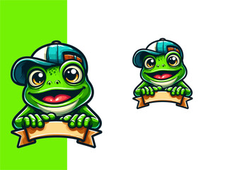 frog mascot with hat and sign on a green and white background