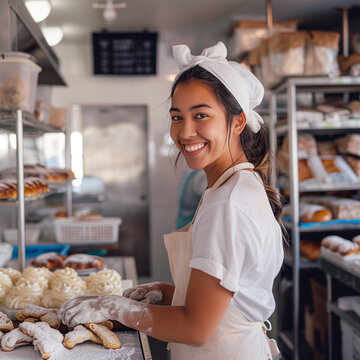 Young Baker Smiling with her Hair Tied back with flour hands