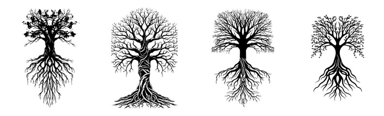 black and white sketch set of trees