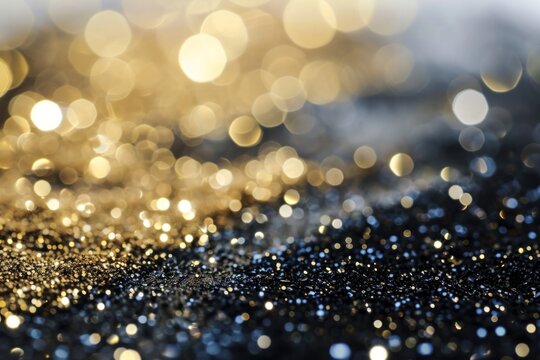  a close up view of a black and gold glitter background with a blurry image of the lights in the background.