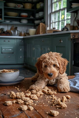 A portrayal of a playful puppy chasing after crumbs on the kitchen floor.