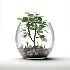 Plant on a white background growing from money in circular glass shape