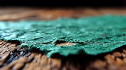  a close up of a green piece of cloth on a wooden table with a blurry image in the background. - obrazy, fototapety, plakaty