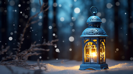 Ramzan Lantern in snow with winter forest background