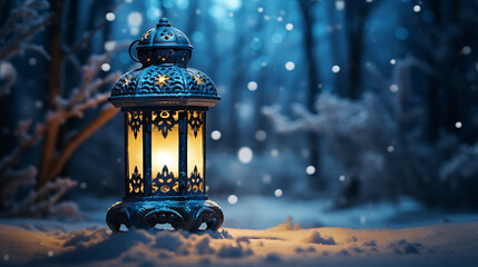 Ramzan Lantern in snow with winter forest background
